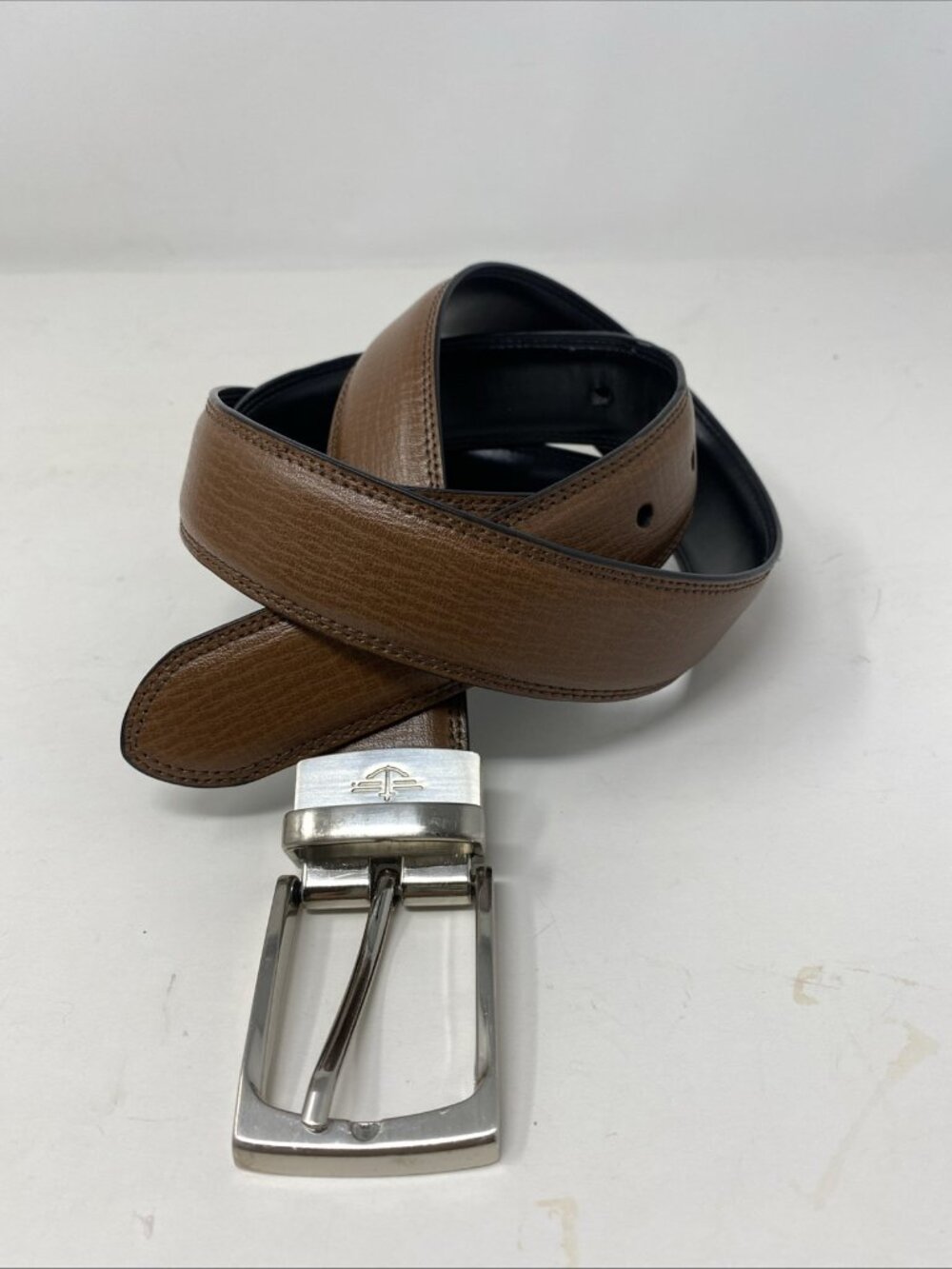 Mens DOCKERS Black & Brown Leather Reversible Belt Size 38 Silver Tone Buckle